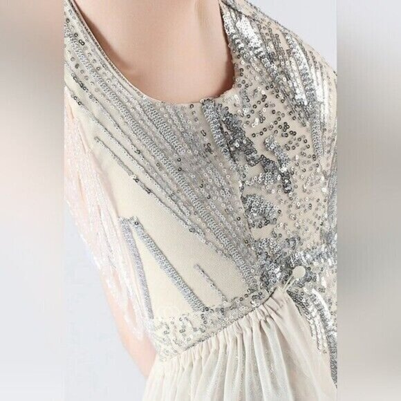 Silver, Double V, Beaded Back, Detachable Draped Skirt, Sequined Mermaid Gown - Picture 7 of 16